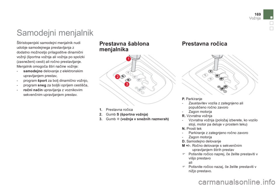CITROEN DS3 CABRIO 2014  Navodila Za Uporabo (in Slovenian) 169Vožnja
  Štiristopenjski samodejni menjalnik nudi 
udobje samodejnega prestavljanja z
dodatno mo
žnostjo prilagoditve dinamični 
vo