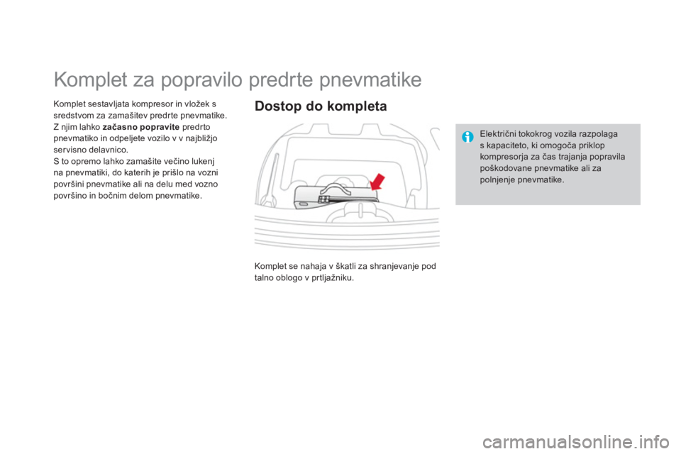 CITROEN DS3 CABRIO 2014  Navodila Za Uporabo (in Slovenian)    
 
 
 
 
 
 
 
 
 
 
 
Komplet za popravilo predrte pnevmatike 
Komplet sestavljata kompresor in vložek ssredstvom za zamašitev predrte pnevmatike. Z njim lahko  začasno popravite 
 predrtopnevm