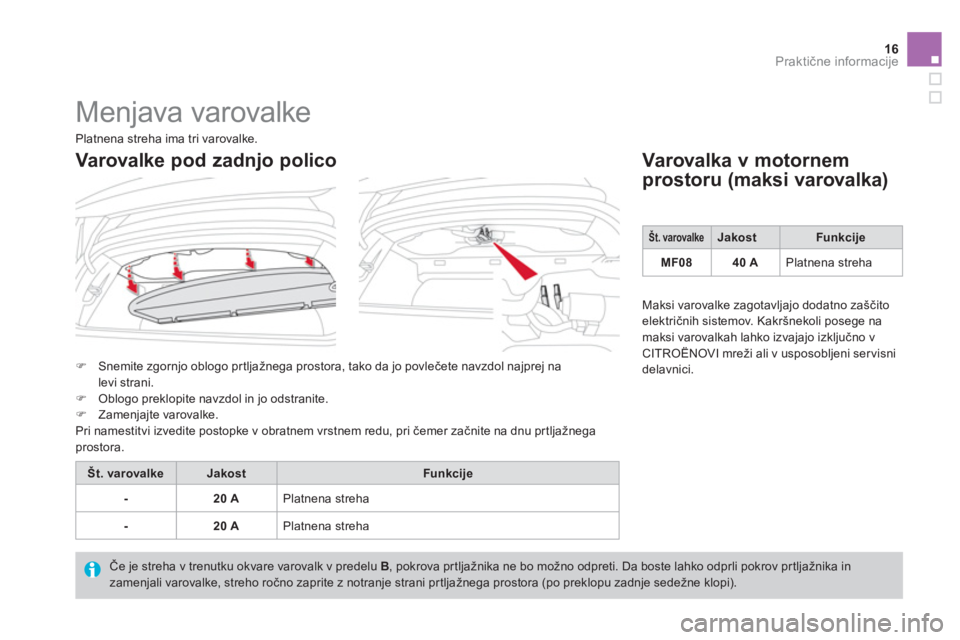 CITROEN DS3 CABRIO 2014  Navodila Za Uporabo (in Slovenian) 16Praktične informacije
 
Menjava varovalke 
�)Snemite zgornjo oblogo pr tljažnega prostora, tako da jo povlečete navzdol najprej na levi strani. �)Oblogo preklopite navzdol in jo odstranite. �)Zam