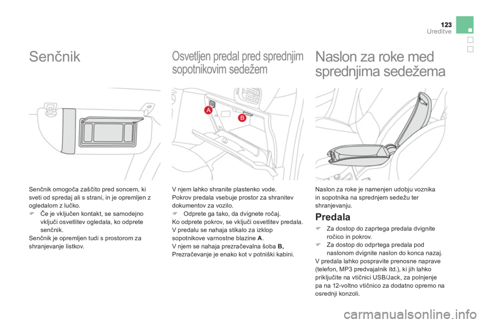 CITROEN DS3 CABRIO 2013  Navodila Za Uporabo (in Slovenian) Ureditve
 Senčnik omogoča zaščito pred soncem, kisveti od spredaj ali s strani, in je opremljen z
ogledalom z lučko.�)Če je vključen kontakt, se samodejno 
vključi osvetlitev ogledala, ko odpr