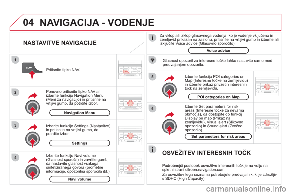 CITROEN DS3 CABRIO 2013  Navodila Za Uporabo (in Slovenian) 04
5
6
3 2 1
4
   
NASTAVITVE NAVIGACIJE 
 
 
Izberite Set parameters for risk
areas (Interesne točke za nevarna
območja), da dostopite do funkcijDisplay on map (Prikaz na 
zemljevidu), Visual alert