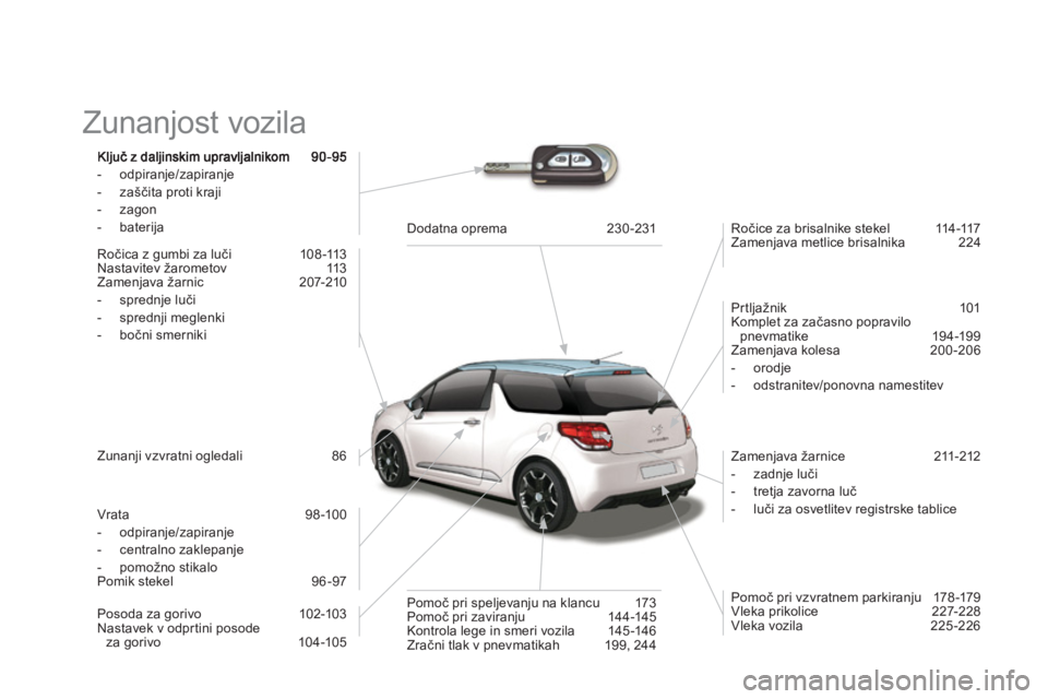 CITROEN DS3 CABRIO 2013  Navodila Za Uporabo (in Slovenian)   Zunanjost vozila  
-  odpiranje/zapiranje
-  zaščita proti kraji
-  zagon-  baterija  
 
Ročica z 
gumbi za luči 108 -113 
Nastavitev žarometov  113 
Zamenjava žarnic  207-210 
-  sprednje lu