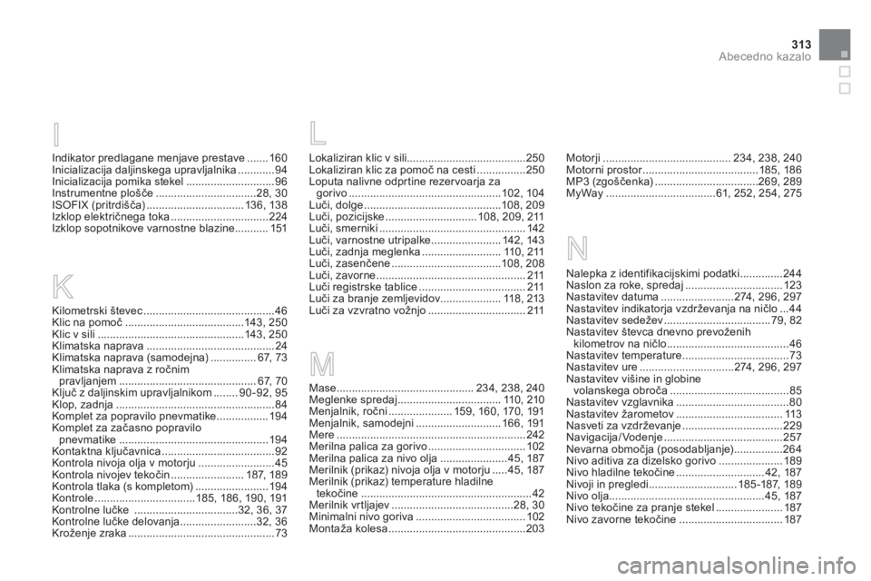 CITROEN DS3 CABRIO 2013  Navodila Za Uporabo (in Slovenian) 313Abecedno kazalo
Indikator predlagane menjave prestave.......160Inicializacija daljinskega upravljalnika............94Inicializacija pomika stekel .............................96Instrumentne plošč