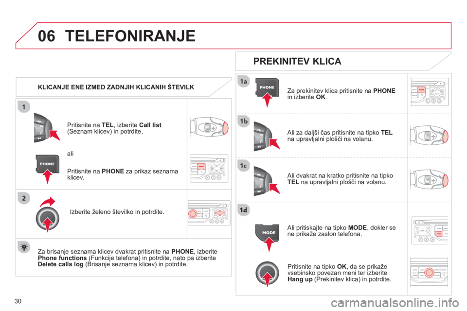 CITROEN DS3 CABRIO 2013  Navodila Za Uporabo (in Slovenian) 30
06TELEFONIRANJE 
   
 
KLICANJE ENE IZMED ZADNJIH KLICANIH ŠTEVILK  
Priti
snite na  TEL, izberite  Call list(Seznam klicev) in potrdite, 
Izberite želeno številko in potrdite.  
   
Za brisan
j