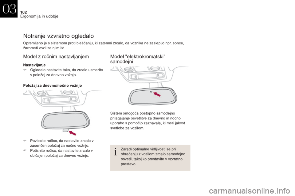 CITROEN DS4 2017 Navodila Za Uporabo (in Slovenian) 102
DS4_sl_Chap03_ergonomie-et-confort_ed01-2016
Notranje vzvratno ogledalo
Opremljeno je s sistemom proti bleščanju, ki zatemni zrcalo, da voznika ne zaslepijo npr. sonce,
žarometi vozil za njim CITROEN DS4 2017 Navodila Za Uporabo (in Slovenian) 102
DS4_sl_Chap03_ergonomie-et-confort_ed01-2016
Notranje vzvratno ogledalo
Opremljeno je s sistemom proti bleščanju, ki zatemni zrcalo, da voznika ne zaslepijo npr. sonce,
žarometi vozil za njim