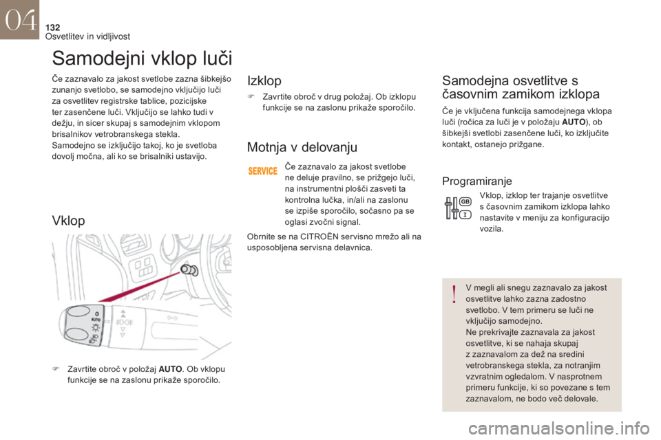 CITROEN DS4 2017 Navodila Za Uporabo (in Slovenian) 132
DS4_sl_Chap04_eclairage-et-visibilite_ed01-2016
Če zaznavalo za jakost svetlobe zazna šibkejšo
zunanjo svetlobo, se samodejno vključijo luči
za osvetlitev registrske tablice, pozicijske
te CITROEN DS4 2017 Navodila Za Uporabo (in Slovenian) 132
DS4_sl_Chap04_eclairage-et-visibilite_ed01-2016
Če zaznavalo za jakost svetlobe zazna šibkejšo
zunanjo svetlobo, se samodejno vključijo luči
za osvetlitev registrske tablice, pozicijske
te