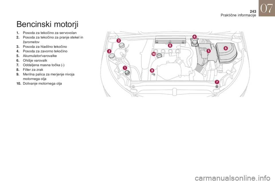 CITROEN DS4 2017  Navodila Za Uporabo (in Slovenian) 243
DS4_sl_Chap07_info-pratiques_ed01-2016
Bencinski motorji
1. Posoda za tekočino za servovolan
2. Posoda za tekočino za pranje stekel in 
žarometov
3.
 P

osoda za hladilno tekočino
4.
 P

osoda