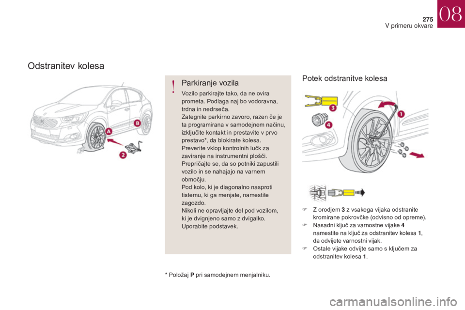 CITROEN DS4 2017 Navodila Za Uporabo (in Slovenian) 275
DS4_sl_Chap08_en-cas-de-panne_ed01-2016
Odstranitev kolesa
Parkiranje vozila
Vozilo parkirajte tako, da ne ovira
prometa. Podlaga naj bo vodoravna,
trdna in nedrseča.
Zategnite parkirno zavoro, CITROEN DS4 2017 Navodila Za Uporabo (in Slovenian) 275
DS4_sl_Chap08_en-cas-de-panne_ed01-2016
Odstranitev kolesa
Parkiranje vozila
Vozilo parkirajte tako, da ne ovira
prometa. Podlaga naj bo vodoravna,
trdna in nedrseča.
Zategnite parkirno zavoro,