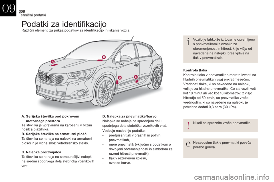CITROEN DS4 2017  Navodila Za Uporabo (in Slovenian) 308
DS4_sl_Chap09_caracteristiques_ed01-2016
Podatki za identifikacijoRazlični elementi za prikaz podatkov za identifikacijo in iskanje vozila.
A.  
S
 erijska številka pod pokrovom 
motornega prost