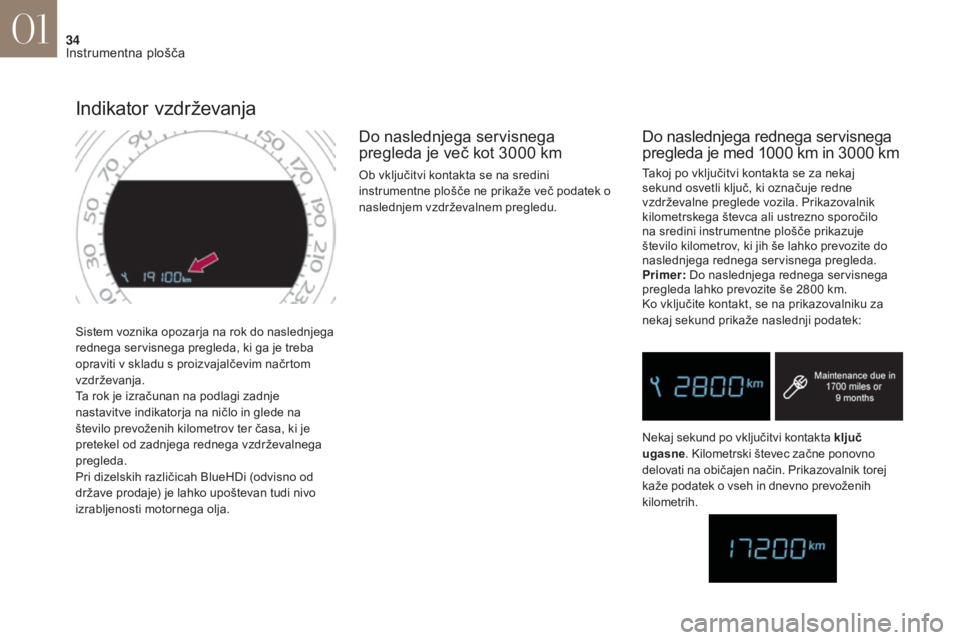 CITROEN DS4 2017 Navodila Za Uporabo (in Slovenian) 34
DS4_sl_Chap01_instruments- de-bord_ed01-2016
Sistem voznika opozarja na rok do naslednjega
rednega servisnega pregleda, ki ga je treba
opraviti v skladu s proizvajalčevim načrtom
vzdrževanja. CITROEN DS4 2017 Navodila Za Uporabo (in Slovenian) 34
DS4_sl_Chap01_instruments- de-bord_ed01-2016
Sistem voznika opozarja na rok do naslednjega
rednega servisnega pregleda, ki ga je treba
opraviti v skladu s proizvajalčevim načrtom
vzdrževanja.