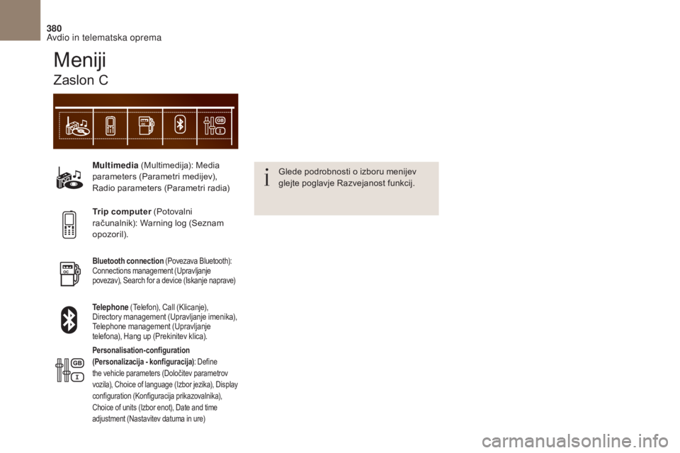CITROEN DS4 2017 Navodila Za Uporabo (in Slovenian) 380
DS4_ sl _Chap10c _ RD5 _ed01-2016
Multimedia (Multimedija): Media
parameters (Parametri medijev),
Radio parameters (Parametri radia)
Bluetooth connection (Povezava Bluetooth):
Connections mana CITROEN DS4 2017 Navodila Za Uporabo (in Slovenian) 380
DS4_ sl _Chap10c _ RD5 _ed01-2016
Multimedia (Multimedija): Media
parameters (Parametri medijev),
Radio parameters (Parametri radia)
Bluetooth connection (Povezava Bluetooth):
Connections mana