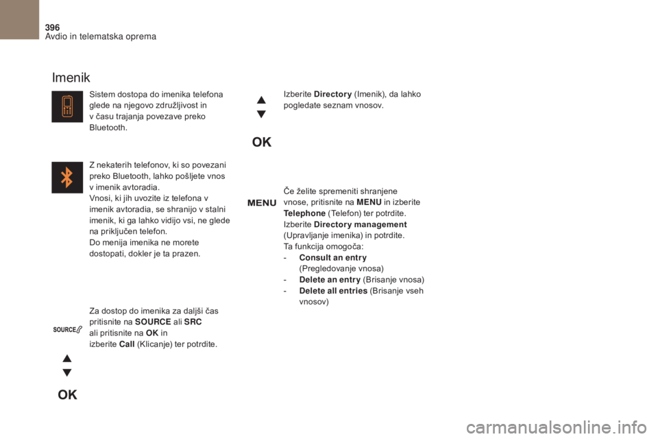 CITROEN DS4 2017 Navodila Za Uporabo (in Slovenian) 396
DS4_ sl _Chap10c _ RD5 _ed01-2016
Če želite spremeniti shranjene
vnose, pritisnite na MENU in izberite
Telephone (Telefon) ter potrdite.
Izberite Directory management
(Upravljanje imenika) CITROEN DS4 2017 Navodila Za Uporabo (in Slovenian) 396
DS4_ sl _Chap10c _ RD5 _ed01-2016
Če želite spremeniti shranjene
vnose, pritisnite na MENU in izberite
Telephone (Telefon) ter potrdite.
Izberite Directory management
(Upravljanje imenika)