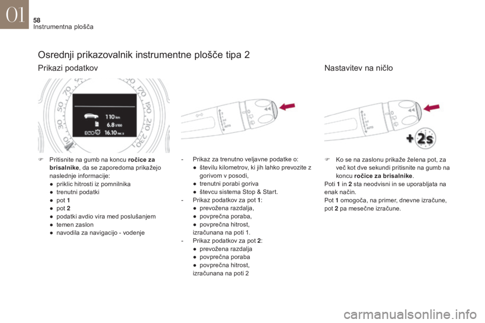 CITROEN DS4 2017 Navodila Za Uporabo (in Slovenian) 58
DS4_sl_Chap01_instruments- de-bord_ed01-2016
Osrednji prikazovalnik instrumentne plošče tipa 2
Prikazi podatkov
- Prikaz za trenutno veljavne podatke o:● š tevilu kilometrov, ki jih lahko pre CITROEN DS4 2017 Navodila Za Uporabo (in Slovenian) 58
DS4_sl_Chap01_instruments- de-bord_ed01-2016
Osrednji prikazovalnik instrumentne plošče tipa 2
Prikazi podatkov
- Prikaz za trenutno veljavne podatke o:● š tevilu kilometrov, ki jih lahko pre