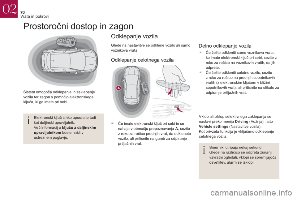 CITROEN DS4 2017 Navodila Za Uporabo (in Slovenian) 70
DS4_sl_Chap02_ouvertures_ed01-2016
Prostoročni dostop in zagon
Sistem omogoča odklepanje in zaklepanje
vozila ter zagon s pomočjo elektronskega
ključa, ki ga imate pri sebi.Elektronski ključ CITROEN DS4 2017 Navodila Za Uporabo (in Slovenian) 70
DS4_sl_Chap02_ouvertures_ed01-2016
Prostoročni dostop in zagon
Sistem omogoča odklepanje in zaklepanje
vozila ter zagon s pomočjo elektronskega
ključa, ki ga imate pri sebi.Elektronski ključ