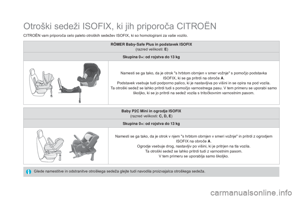 CITROEN DS4 2016  Navodila Za Uporabo (in Slovenian) DS4_sl_Chap06_securite enfants_ed03-2015
Otroški sedeži ISOFIX, ki jih priporoča CITROËN
Glede namestitve in odstranitve otroškega sedeža glejte tudi navodila proizvajalca otroškega sedeža.
CI