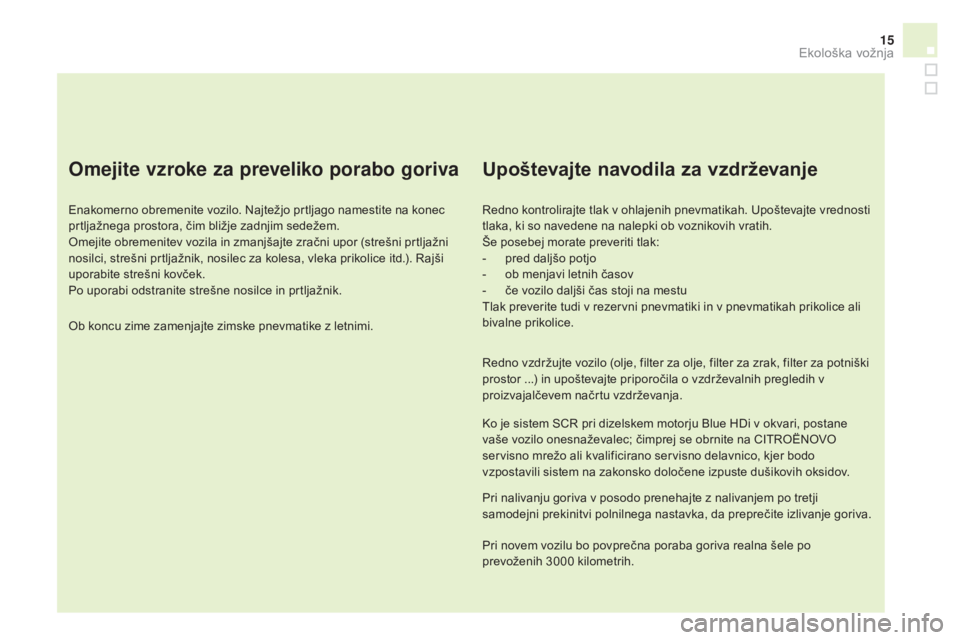 CITROEN DS4 2016  Navodila Za Uporabo (in Slovenian) 15
DS4_sl_Chap00c_eco-conduite_ed03-2015
Omejite vzroke za preveliko porabo goriva
Enakomerno obremenite vozilo. Najtežjo prtljago namestite na konec 
prtljažnega prostora, čim bližje zadnjim sede