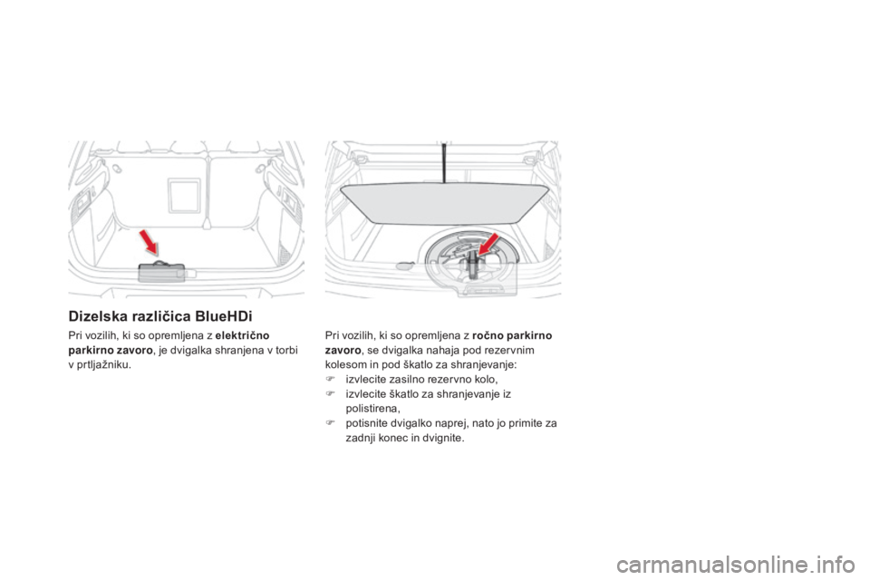 CITROEN DS4 2016  Navodila Za Uporabo (in Slovenian) DS4_sl_Chap09_info-pratiques_ed03-2015
Dizelska različica BlueHDi
Pri vozilih, ki so opremljena z ročno parkirno 
zavoro, se dvigalka nahaja pod rezervnim 
kolesom in pod škatlo za shranjevanje:
F
