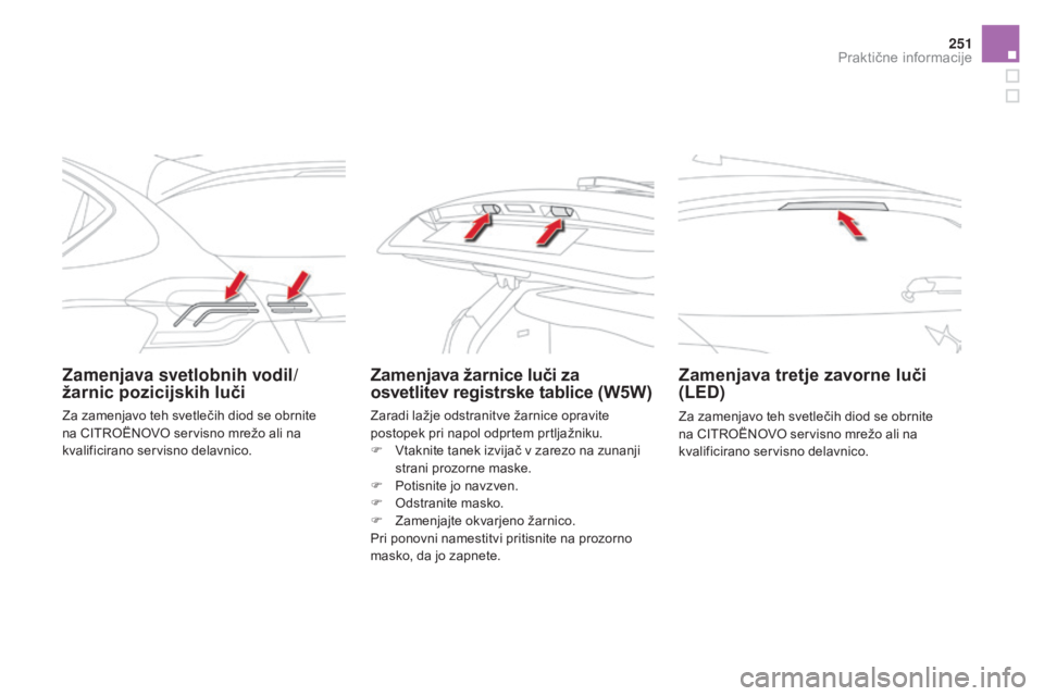 CITROEN DS4 2016  Navodila Za Uporabo (in Slovenian) 251
DS4_sl_Chap09_info-pratiques_ed03-2015
Zamenjava svetlobnih vodil/
žarnic pozicijskih lučiZamenjava žarnice luči za 
osvetlitev registrske tablice (W5W)Zamenjava tretje zavorne luči 
(LED)
Za