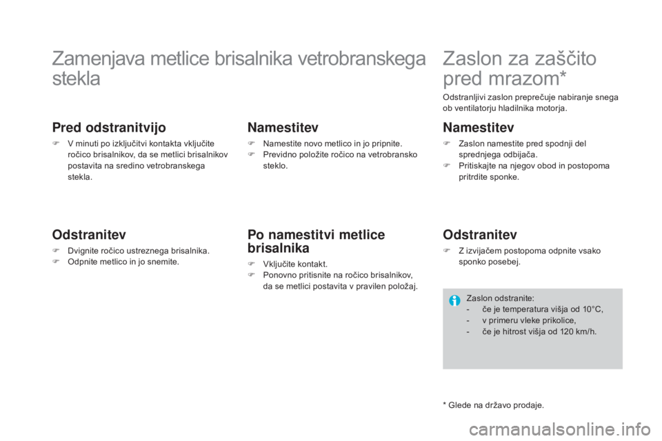 CITROEN DS4 2016  Navodila Za Uporabo (in Slovenian) DS4_sl_Chap09_info-pratiques_ed03-2015
Zamenjava metlice brisalnika vetrobranskega 
stekla
Pred odstranitvijo
F V minuti po izključitvi kontakta vključite ročico brisalnikov, da se metlici brisalni