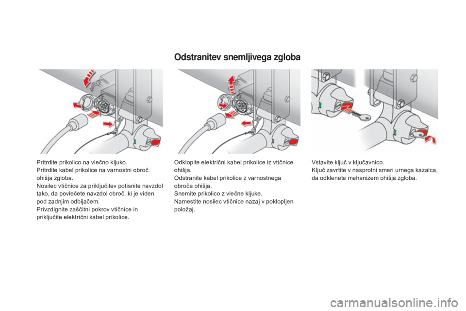 CITROEN DS4 2016  Navodila Za Uporabo (in Slovenian) DS4_sl_Chap09_info-pratiques_ed03-2015
Pritrdite prikolico na vlečno kljuko.
Pritrdite kabel prikolice na varnostni obroč 
ohišja zgloba.
Nosilec vtičnice za priključitev potisnite navzdol 
tako,