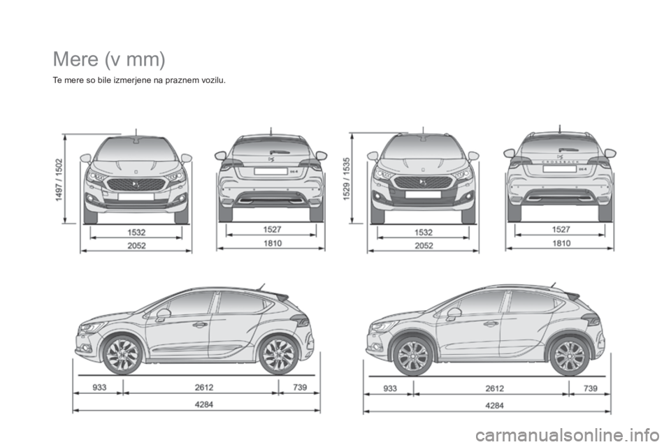 CITROEN DS4 2016  Navodila Za Uporabo (in Slovenian) DS4_sl_Chap11_caracteristiques_ed03-2015
Mere (v mm)
Te mere so bile izmerjene na praznem vozilu. 