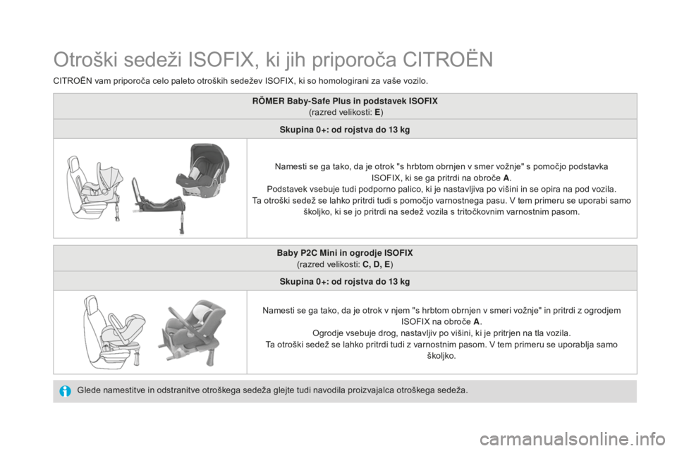 CITROEN DS4 2015  Navodila Za Uporabo (in Slovenian) DS4_sl_Chap06_securite-enfants_ed02-2015
Otroški sedeži ISOFIX, ki jih priporoča CITROËN
Glede namestitve in odstranitve otroškega sedeža glejte tudi navodila proizvajalca otroškega sedeža.
CI