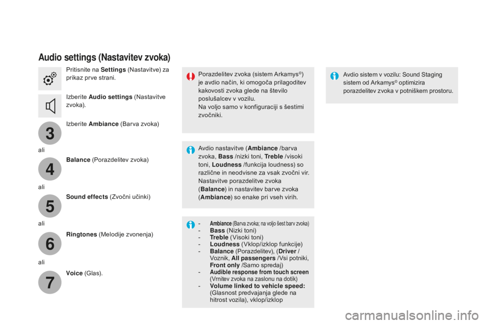 CITROEN DS4 2015 Navodila Za Uporabo (in Slovenian) 3
4
5
6
7
DS4_sl_Chap12c_SMEGplus_ed02-2015
Audio settings (Nastavitev zvoka)
Pritisnite na Settings (Nastavitve) za
prikaz prve strani.
Izberite Audio settings (Nastavitve
z vo ka).
Izberite Amb CITROEN DS4 2015 Navodila Za Uporabo (in Slovenian) 3
4
5
6
7
DS4_sl_Chap12c_SMEGplus_ed02-2015
Audio settings (Nastavitev zvoka)
Pritisnite na Settings (Nastavitve) za
prikaz prve strani.
Izberite Audio settings (Nastavitve
z vo ka).
Izberite Amb