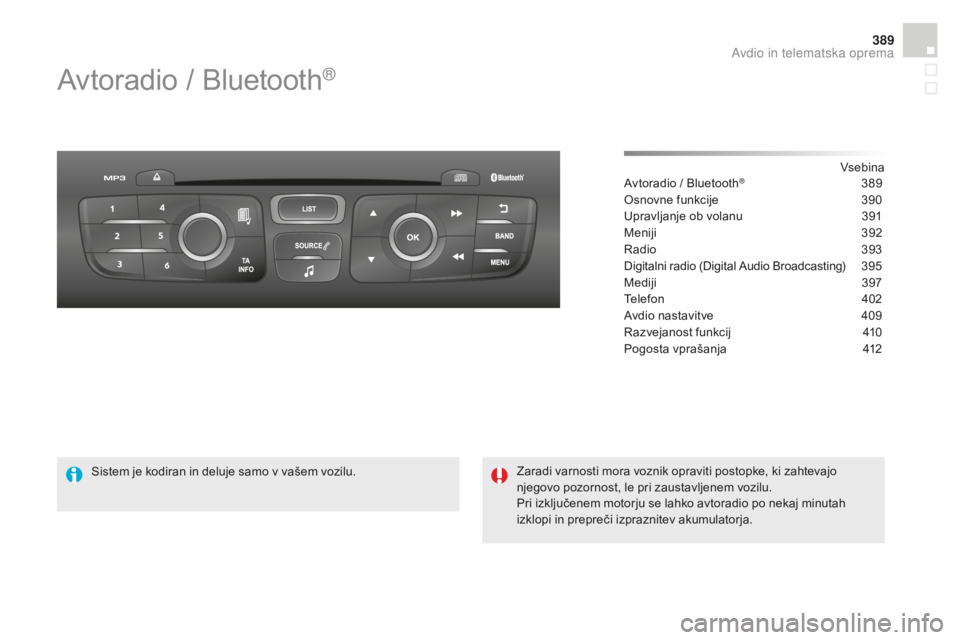 CITROEN DS4 2015 Navodila Za Uporabo (in Slovenian) 389
DS4_sl_Chap12d_RD5_ed02-2015
Avtoradio / Bluetooth®
Vsebina
Avtoradio / Bluetooth® 3 89
Osnovne funkcije
3
90
Upravljanje ob volanu
3
91
Meniji
3
92
Radio
3
93
Digitalni radio (Digital CITROEN DS4 2015 Navodila Za Uporabo (in Slovenian) 389
DS4_sl_Chap12d_RD5_ed02-2015
Avtoradio / Bluetooth®
Vsebina
Avtoradio / Bluetooth® 3 89
Osnovne funkcije
3
90
Upravljanje ob volanu
3
91
Meniji
3
92
Radio
3
93
Digitalni radio (Digital