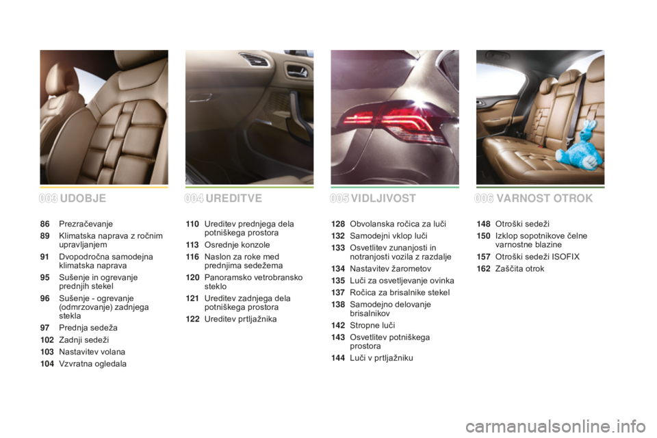 CITROEN DS4 2015 Navodila Za Uporabo (in Slovenian) DS4_sl_Chap00a_sommaire_ed02-2015
UDOBJE
86 Prezračevanje
89
K
limatska naprava z ročnim
upravljanjem
91
D
vopodročna samodejna
klimatska naprava
95
S
ušenje in ogrevanje
prednjih stekel
CITROEN DS4 2015 Navodila Za Uporabo (in Slovenian) DS4_sl_Chap00a_sommaire_ed02-2015
UDOBJE
86 Prezračevanje
89
K
limatska naprava z ročnim
upravljanjem
91
D
vopodročna samodejna
klimatska naprava
95
S
ušenje in ogrevanje
prednjih stekel