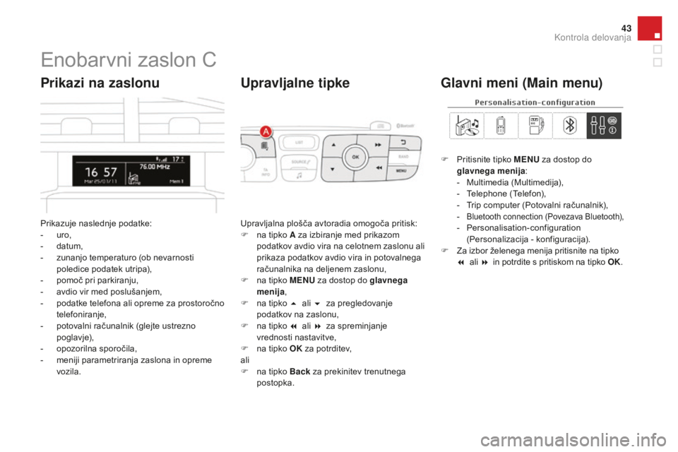 CITROEN DS4 2015 Navodila Za Uporabo (in Slovenian) 43
DS4_sl_Chap01_controle-de-marche_ed02-2015
Enobarvni zaslon C
Prikazuje naslednje podatke:
- uro,
-
d
atum,
-
z
unanjo temperaturo (ob nevarnosti
poledice podatek utripa),
-
p
omoč pri p CITROEN DS4 2015 Navodila Za Uporabo (in Slovenian) 43
DS4_sl_Chap01_controle-de-marche_ed02-2015
Enobarvni zaslon C
Prikazuje naslednje podatke:
- uro,
-
d
atum,
-
z
unanjo temperaturo (ob nevarnosti
poledice podatek utripa),
-
p
omoč pri p
