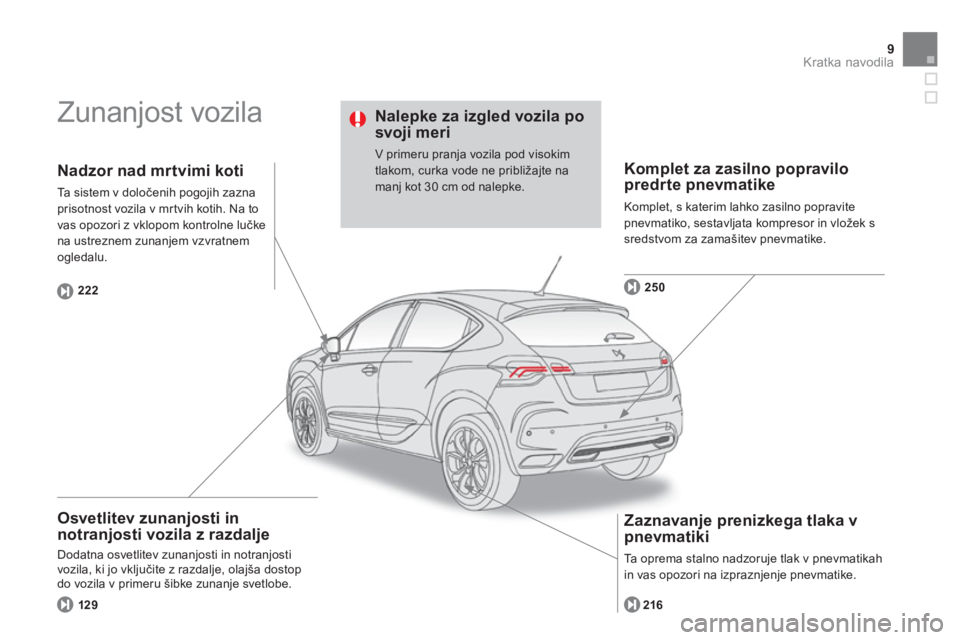 CITROEN DS4 2014  Navodila Za Uporabo (in Slovenian) 9Kratka navodila
  Zunanjost vozila  
 
 
Osvetlitev zunanjosti in 
notranjosti vozila z razdalje 
  Dodatna osvetlitev zunanjosti in notranjosti 
vozila, ki jo vključite z razdalje, olajša dostop 
