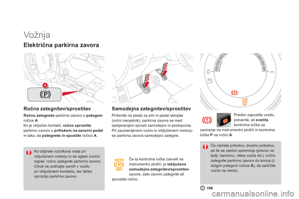 CITROEN DS4 2014  Navodila Za Uporabo (in Slovenian)   Vožnja  
 
 
Ročna zategnitev/sprostitev 
 
 
Ročno zategnete 
 parkirno zavoro s  potegom 
 
ročice  A 
. 
  Ko je vključen kontakt,  ročno sprostite 
 
parkirno zavoro s  pritiskom na zavorn