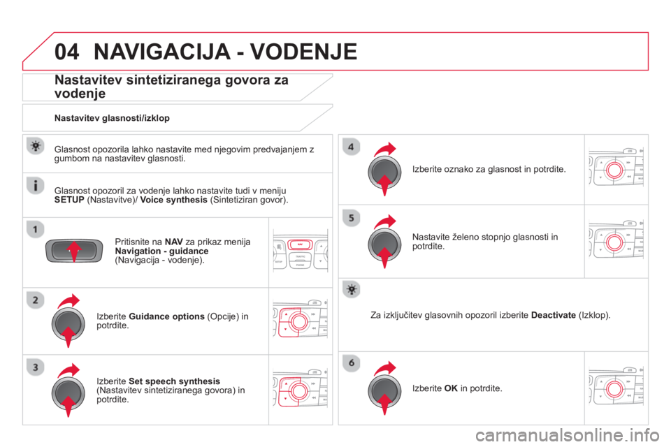 CITROEN DS4 2014  Navodila Za Uporabo (in Slovenian) 04  NAVIGACIJA - VODENJE 
 
 
Pritisnite na  NAV 
 za prikaz menija 
  Navigation - guidance 
 
(Navigacija - vodenje).  
 
 
 
 
 
 
 
Nastavitev sintetiziranega govora za 
vodenje 
   
Izberite  Gui