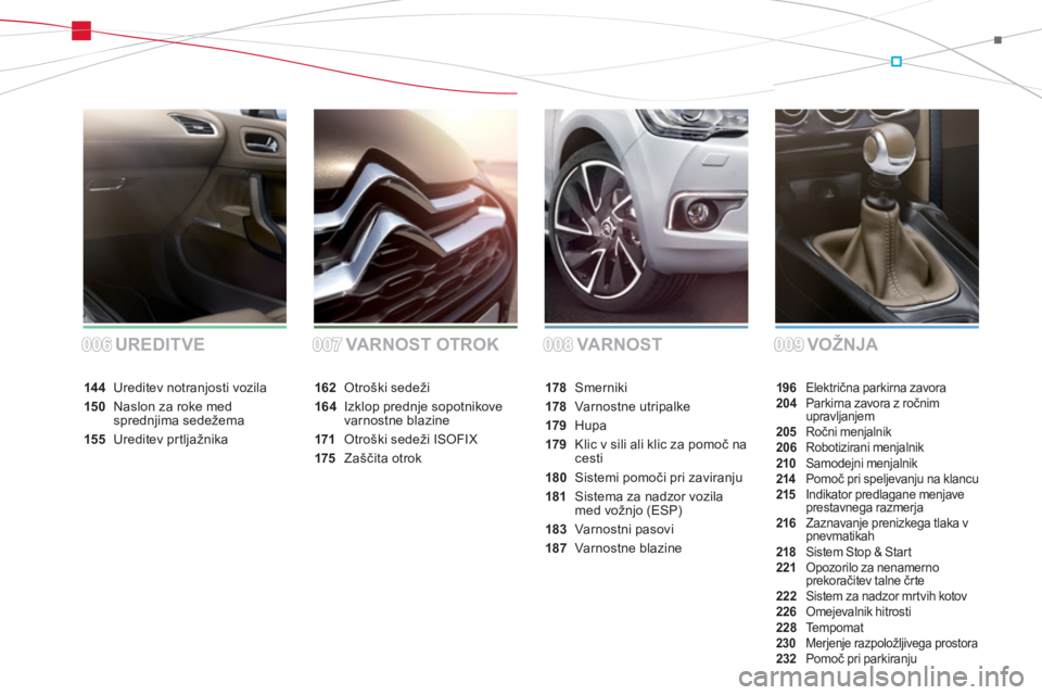 CITROEN DS4 2014  Navodila Za Uporabo (in Slovenian) VA R N O ST VOŽ NJA UREDITVE VARNOST OTROK
196 Električna parkirna zavora
204  Parkirna zavora z ročnim 
upravljanjem
205 Ročni menjalnik
206 Robotizirani menjalnik
210 Samodejni menjalnik
214 Pom