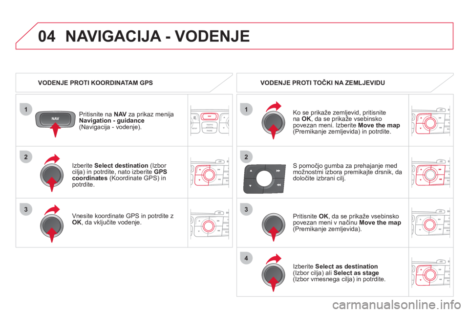 CITROEN DS4 2013  Navodila Za Uporabo (in Slovenian) 1
04
2
1
2
33
4
   
Izberite  Select destination(Izbor cilja) in potrdite, nato izberite GPScoordinates 
 (Koordinate GPS) in potrdite.  
   
Vnesite koordinate GPS in potrdite z
OK 
, da vkl
jučite 