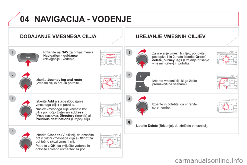 CITROEN DS4 2013  Navodila Za Uporabo (in Slovenian) 04
1
4
3
1
3
22
NAVIGACIJA - VODENJE
   
DODAJANJE VMESNEGA CILJA 
 
 Pritisnite na NAV 
 za prikaz menija
Navigation - guidance(Navigacija - vodenje).
Iz
berite  Journey leg and route(Vmesni cilji in