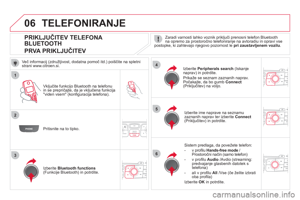 CITROEN DS4 2013  Navodila Za Uporabo (in Slovenian) 1
2
5
63
4
06
   
 
 
 
 
 
 
 
 
 
 
PRIKLJUČITEV TELEFONA 
BLUETOOTH  
PRVA PRIKLJUČITEV  
 
Zaradi varnosti lahko voznik priključi prenosni telefon Bluetooth na opremo za prostoročno telefonira