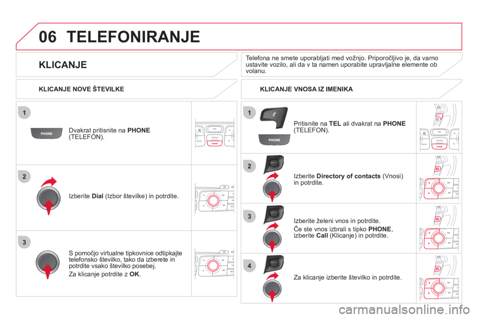 CITROEN DS4 2013  Navodila Za Uporabo (in Slovenian) 1
2
2
3
1
3
4
06TELEFONIRANJE 
Dvakrat pritisnite na  PHONE (TELEFON)  .
Izberite  Dial(Izbor številke) in potrdite.Iz
berite  Directory of contacts(Vnosi)in potrdite.
S pomoč
jo virtualne tipkovnic