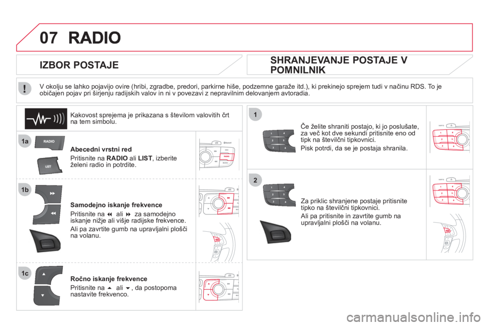 CITROEN DS4 2013  Navodila Za Uporabo (in Slovenian) 07
1a
1b
1c
1
2
Abecedni vrstni red
Priti
snite na  RADIOali LIST, izberiteželeni radio in potrdite.
Samode
jno iskanje frekvence 
Pritisnite na  �  ali �za samodejno 
iskanje nižje ali višje rad