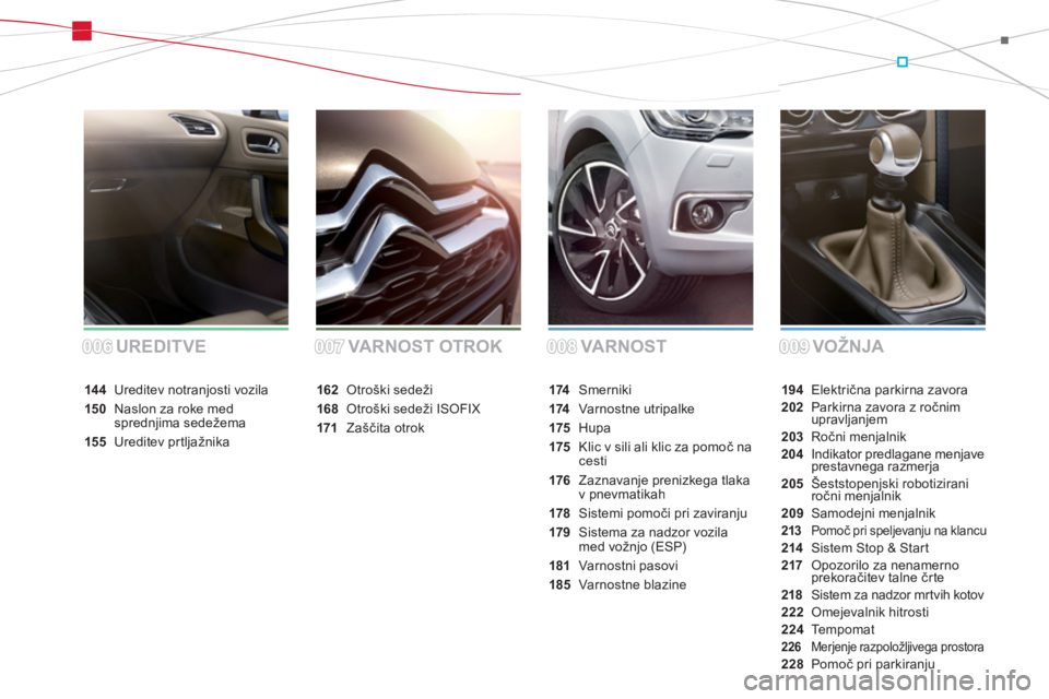 CITROEN DS4 2013  Navodila Za Uporabo (in Slovenian) VA R N O ST VOŽ NJA UREDITVE VARNOST OTROK
194Električna parkirna zavora202Parkirna zavora z ročnim 
upravljanjem203 Ročni menjalnik204Indikator predlagane menjaveprestavnega razmerja205 Šeststop