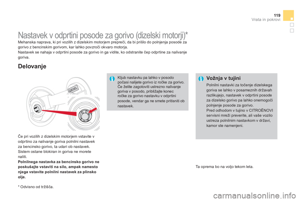 CITROEN DS4 2011  Navodila Za Uporabo (in Slovenian) 119Vrata in pokrovi
   
 
 
 
 
 
 
 
 
 
 
 
 
 
 
 
Nastavek v odprtini posode za gorivo (dizelski motorji) *   
Mehanska naprava, ki pri vozilih z dizelskim motorjem prepreči, da bi prišlo do pol