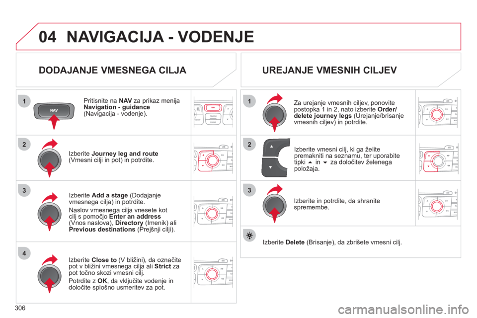 CITROEN DS4 2011  Navodila Za Uporabo (in Slovenian) 306
04
1
4
3
1
3
22
NAVIGACIJA - VODENJE
   
DODAJANJE VMESNEGA CILJA 
 
 Pritisnite na NAV 
 za prikaz menija
Navigation - guidance(Navigacija - vodenje).
Iz
berite  Journey leg and route(Vmesni cilj