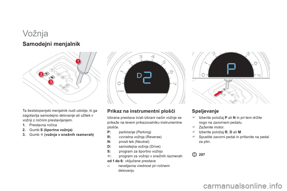 CITROEN DS4 2011  Navodila Za Uporabo (in Slovenian)   Vožnja  
Samodejni menjalnik
Ta  šeststopenjski menjalnik nudi udobje, ki ga
zagotavlja samodejno delovanje ali užitek v 
vožnji z ročnim prestavljanjem. 1. 
 Prestavna ročica 2. 
 Gumb S (šp