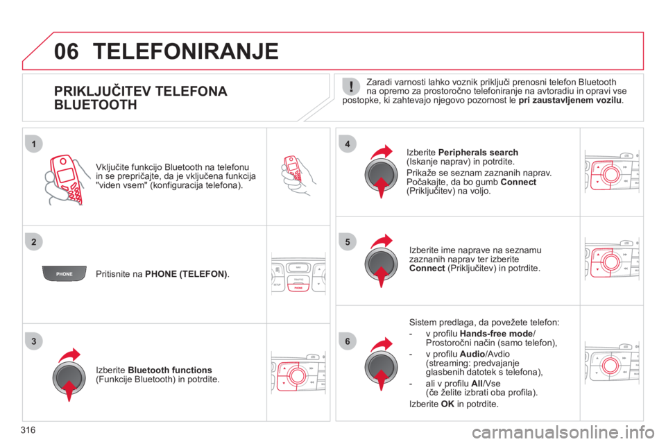 CITROEN DS4 2011  Navodila Za Uporabo (in Slovenian) 316
1
25
63
4
06
   
 
 
 
 
 
 
 
 
 
 
 
 
 
 
PRIKLJUČITEV TELEFONA 
BLUETOOTH    
Zaradi varnosti lahko voznik priključi prenosni telefon Bluetooth na opremo za prostoročno telefoniranje na avt