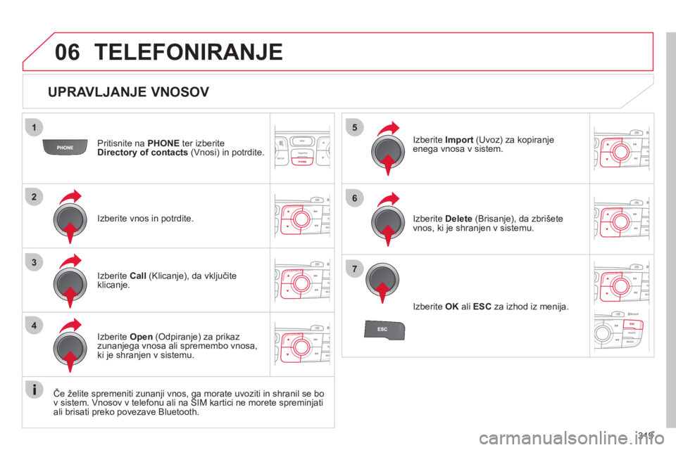 CITROEN DS4 2011  Navodila Za Uporabo (in Slovenian) 319
06
1
2
3
4
5
6
7
   
UPRAVLJANJE VNOSOV 
Pritisnite na  PHONEter izberiteDirectory of contacts(Vnosi) in potrdite.  
Izberite vnos in 
potrdite.  Iz
berite  Import(Uvoz) za kopiranje enega vnosa v