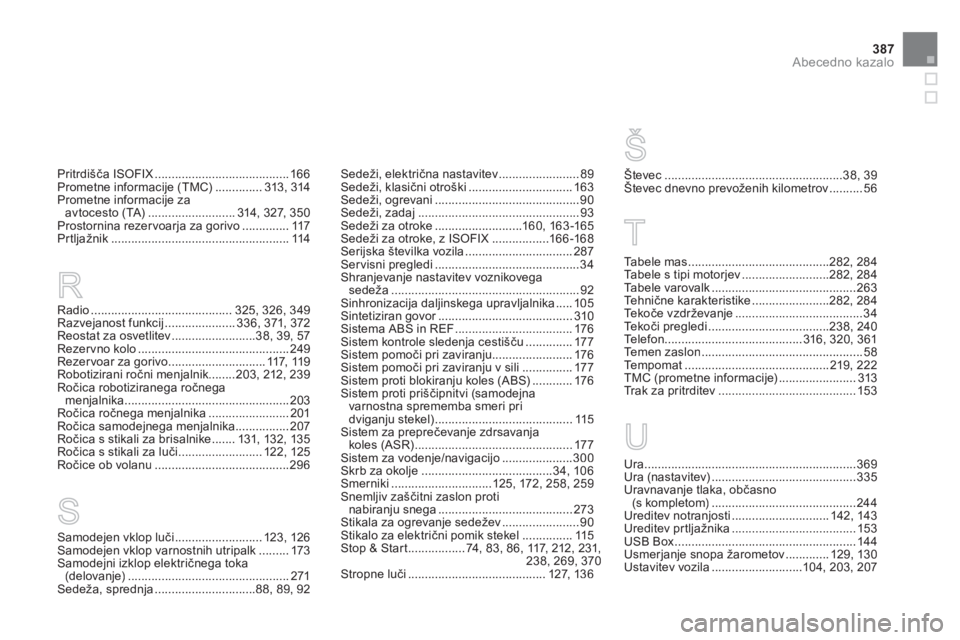 CITROEN DS4 2011  Navodila Za Uporabo (in Slovenian) 387
Abecedno kazalo
S R
Pritrdišča ISOFIX........................................166Prometne informacije (TMC)..............313,314Prometne informacije za avtocesto (TA)..........................314