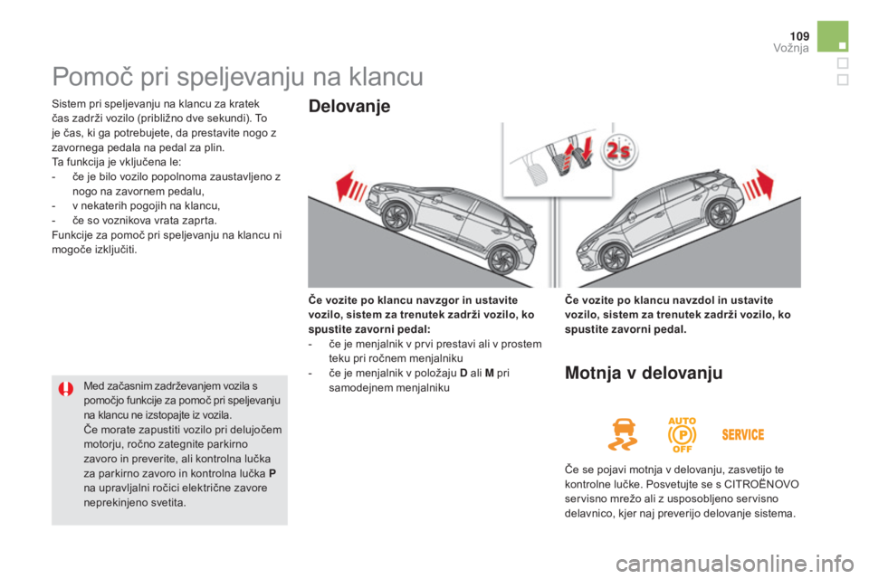 CITROEN DS5 2016 Navodila Za Uporabo (in Slovenian) 109
DS5_sl_Chap04_conduite_ed02-2015
Pomoč pri speljevanju na klancu
Sistem pri speljevanju na klancu za kratek
čas zadrži vozilo (približno dve sekundi). To
je čas, ki ga potrebujete, da prest CITROEN DS5 2016 Navodila Za Uporabo (in Slovenian) 109
DS5_sl_Chap04_conduite_ed02-2015
Pomoč pri speljevanju na klancu
Sistem pri speljevanju na klancu za kratek
čas zadrži vozilo (približno dve sekundi). To
je čas, ki ga potrebujete, da prest