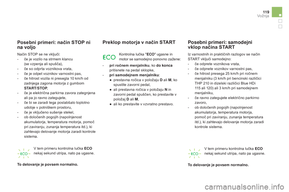 CITROEN DS5 2016  Navodila Za Uporabo (in Slovenian) 11 9
DS5_sl_Chap04_conduite_ed02-2015
Posebni primeri: način SToP ni 
n a voljo
Način STOP se ne vključi:
- če j
e vozilo na strmem klancu  
(se vzpenja ali spušča),
-
 če s

o odprta voznikova
