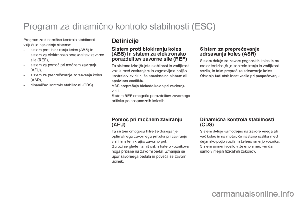 CITROEN DS5 2016 Navodila Za Uporabo (in Slovenian) Program za dinamično kontrolo stabilnosti
vključuje naslednje sisteme:
-
si
stem proti blokiranju koles (ABS) in
sistem za elektronsko porazdelitev zavorne
sile (REF),
-
si
stem za pomoč pri CITROEN DS5 2016 Navodila Za Uporabo (in Slovenian) Program za dinamično kontrolo stabilnosti
vključuje naslednje sisteme:
-
si
stem proti blokiranju koles (ABS) in
sistem za elektronsko porazdelitev zavorne
sile (REF),
-
si
stem za pomoč pri