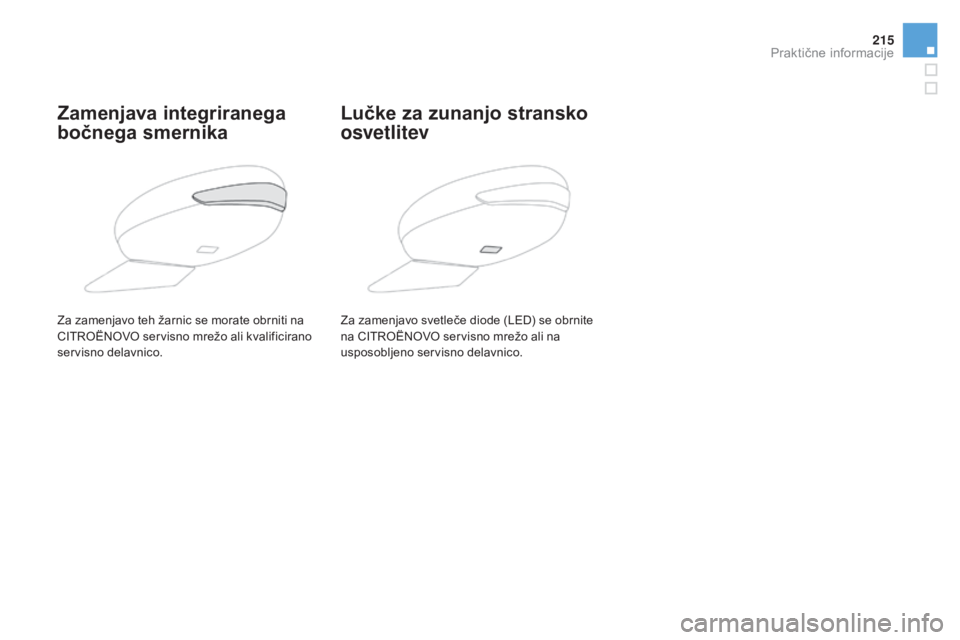CITROEN DS5 2016  Navodila Za Uporabo (in Slovenian) 215
DS5_sl_Chap08_info-pratiques_ed02-2015
Zamenjava integriranega 
bočnega smernikaLučke za zunanjo stransko 
osvetlitev
Za zamenjavo svetleče diode (LED) se obrnite 
na CITROËNOvO se
rvisno mre CITROEN DS5 2016  Navodila Za Uporabo (in Slovenian) 215
DS5_sl_Chap08_info-pratiques_ed02-2015
Zamenjava integriranega 
bočnega smernikaLučke za zunanjo stransko 
osvetlitev
Za zamenjavo svetleče diode (LED) se obrnite 
na CITROËNOvO se
rvisno mre
